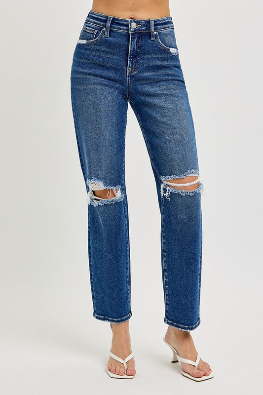 High Rise Crop Girlfriend Jeans Dark Denim