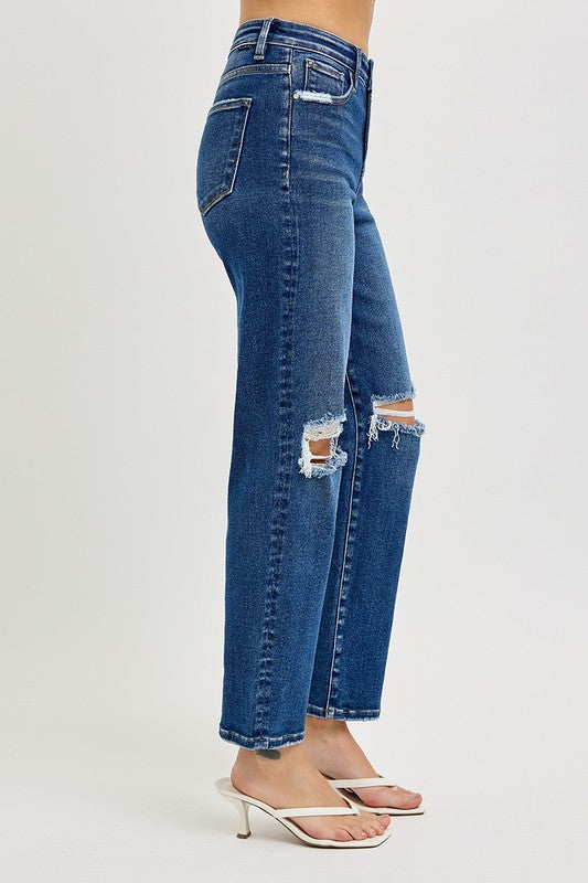 High Rise Crop Girlfriend Jeans Dark Denim