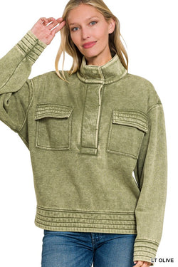 Acid Wash Half Snap Fleece Top Olive