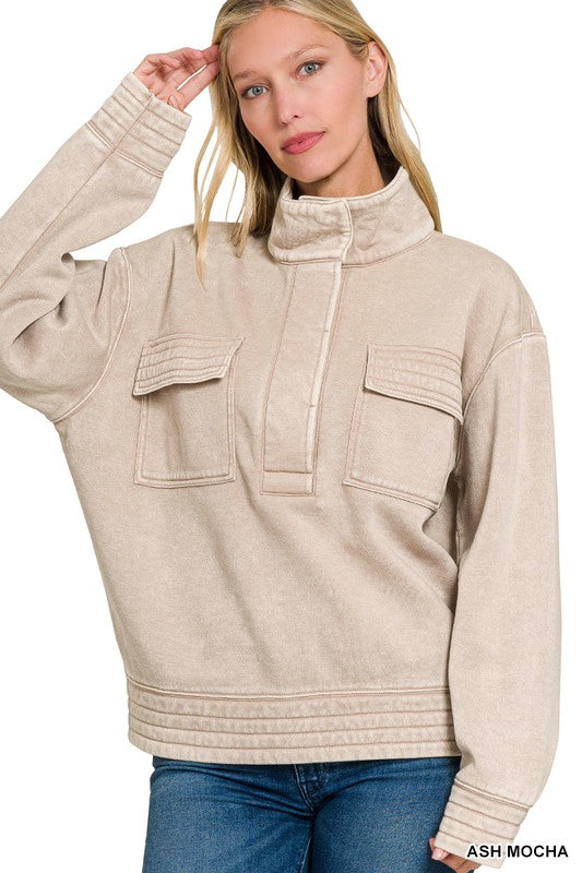 Acid Wash Half Snap Fleece Top Mocha