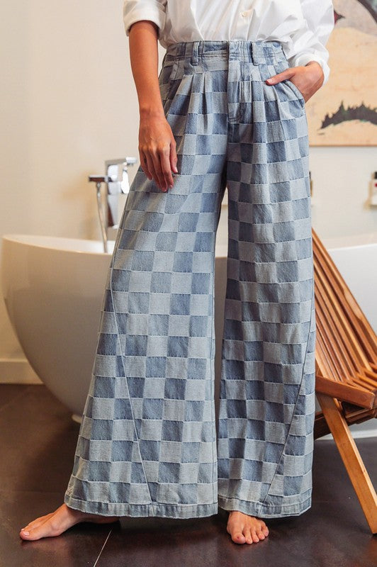 Washed Two Tone Checker Wide Pants Denim