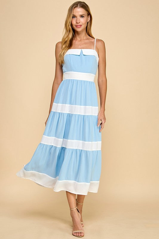 Tiered Midi Dress with Alternating Stripes Blue