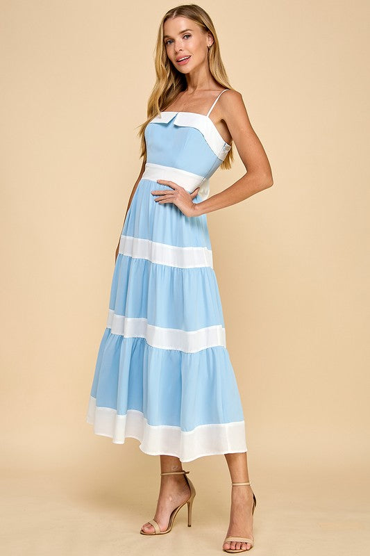 Tiered Midi Dress with Alternating Stripes Blue