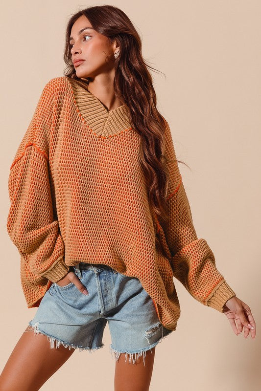 Oversized Two Tone Sweater Top Orange