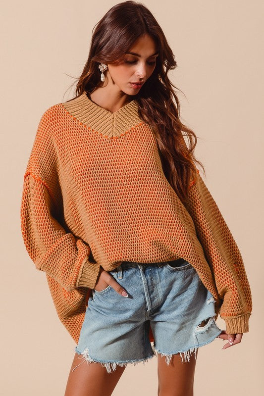 Oversized Two Tone Sweater Top Orange