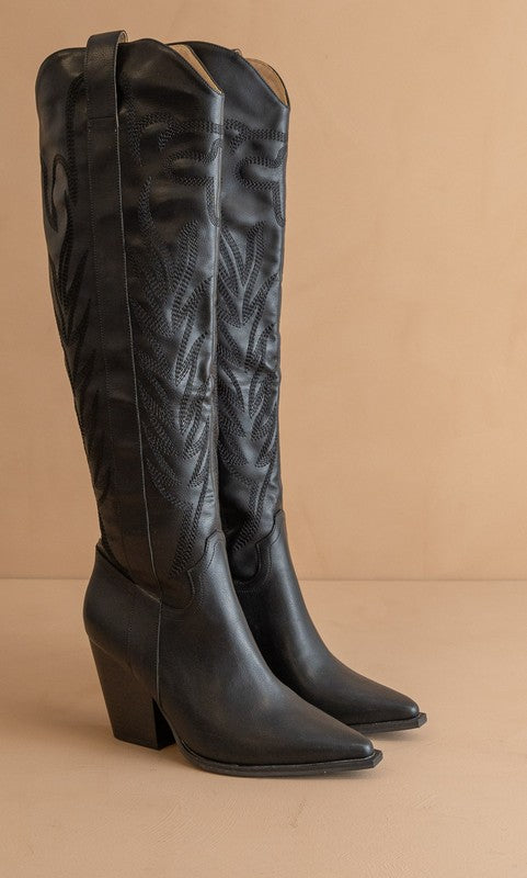 Bronco Knee-High Embroidered Boots Black