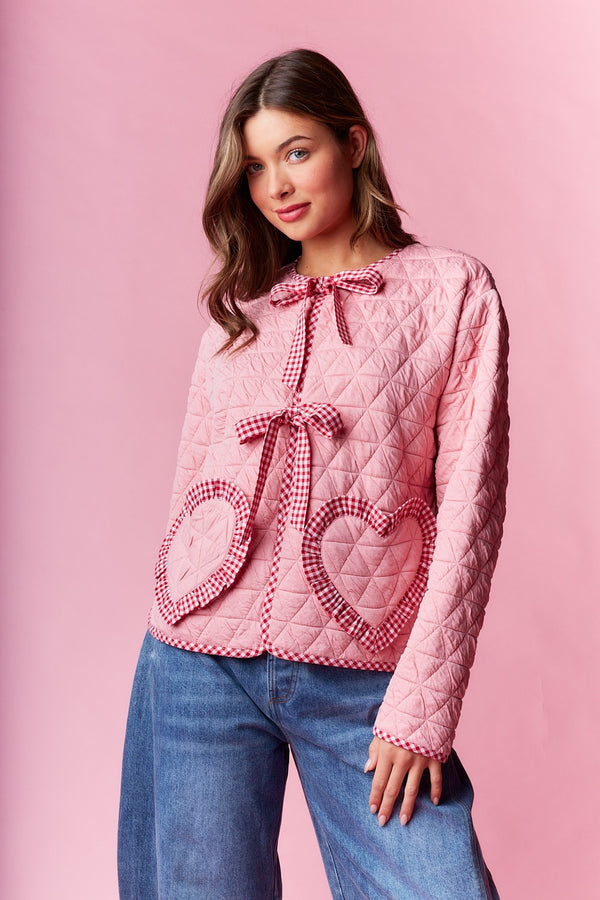 Quilted Heart Gingham Jacket Pink