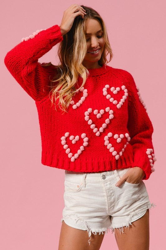 Pom Pom Heart Textured Valentines Sweater Red