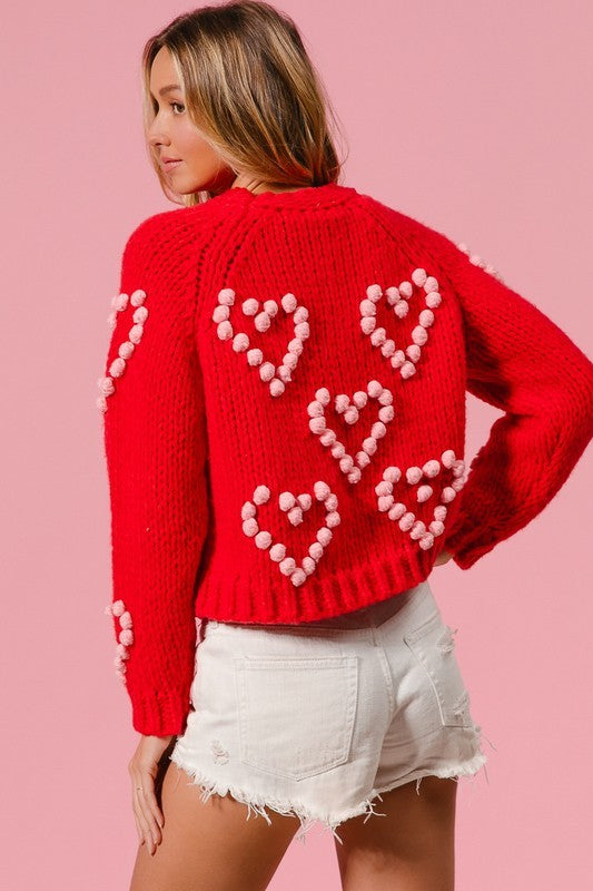 Pom Pom Heart Textured Valentines Sweater Red