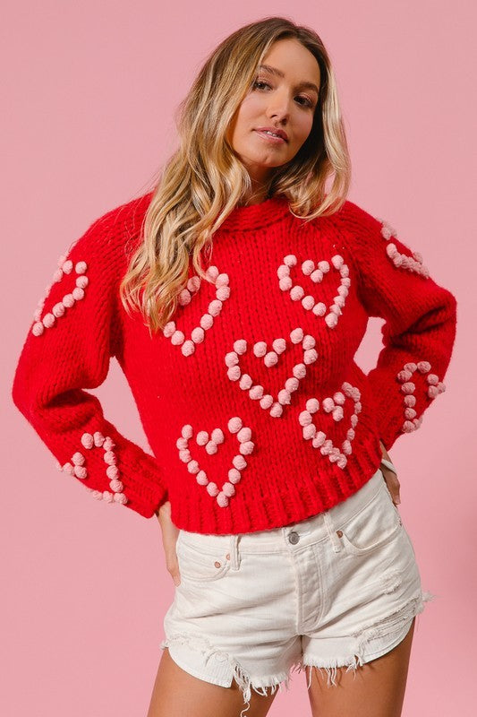 Pom Pom Heart Textured Valentines Sweater Red