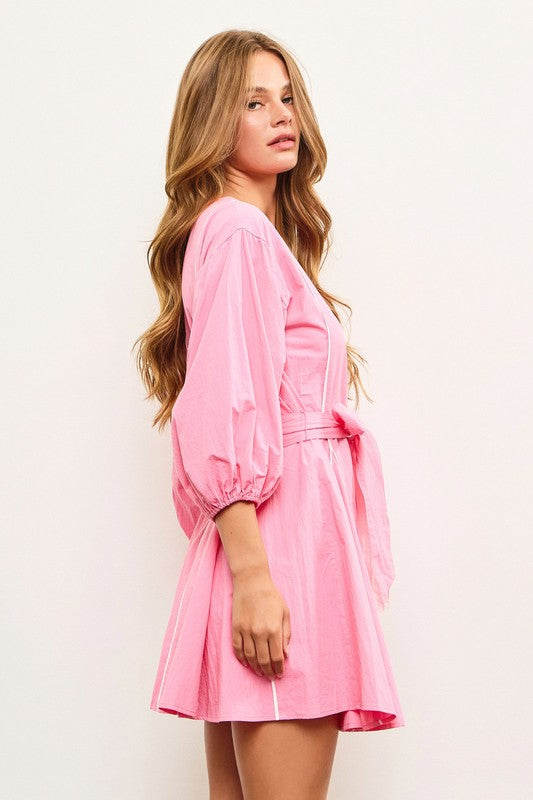 Waist Band Tied Flare Dress Candy Pink