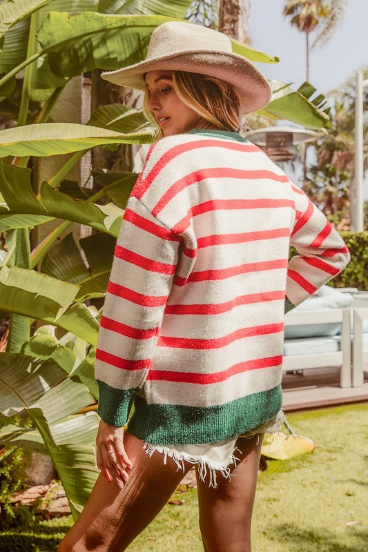 Merry & Bright Stripe Knit Top Ivory/Red