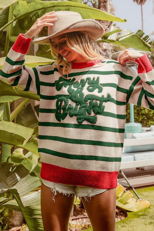 Merry & Bright Stripe Knit Top Ivory/Green