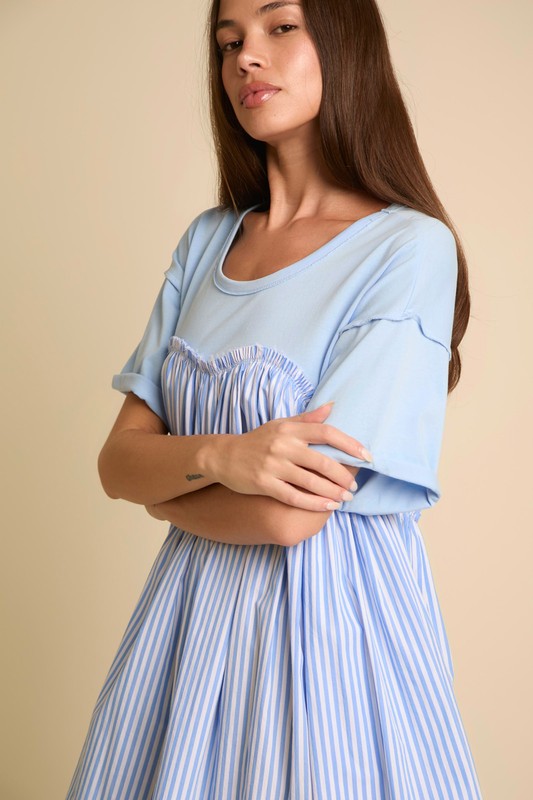 Stripe Short Sleeve Mini Dress Baby Blue White