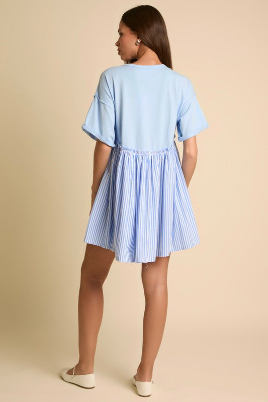 Stripe Short Sleeve Mini Dress Baby Blue White