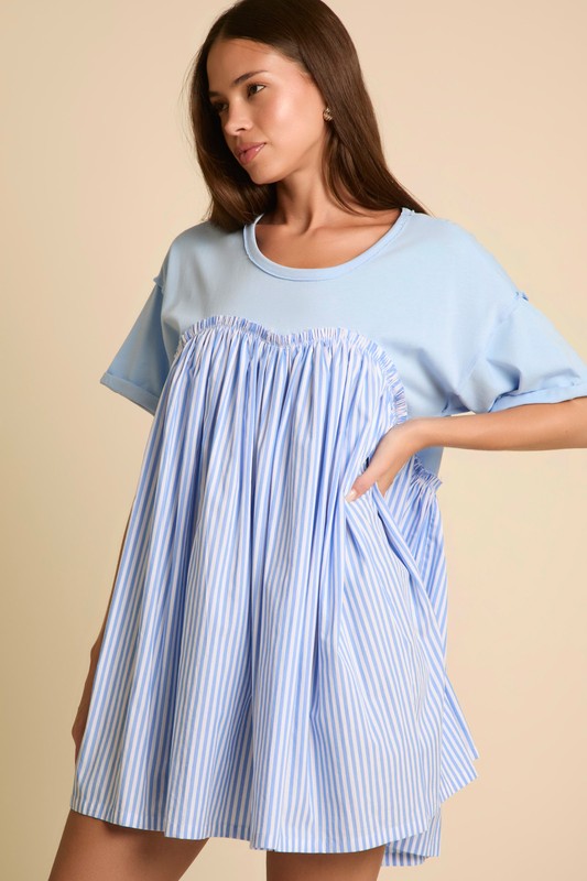 Stripe Short Sleeve Mini Dress Baby Blue White
