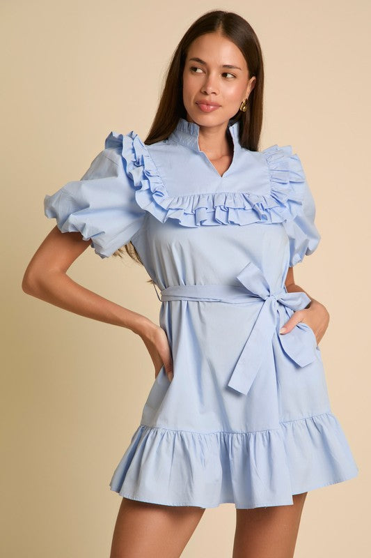 Balloon Sleeve Ruffle Trim Mini Dress Light Blue