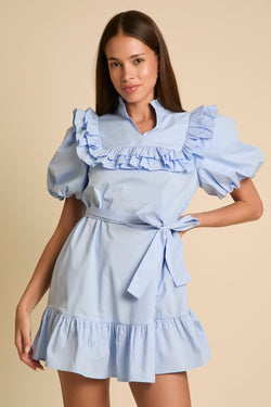 Balloon Sleeve Ruffle Trim Mini Dress Light Blue