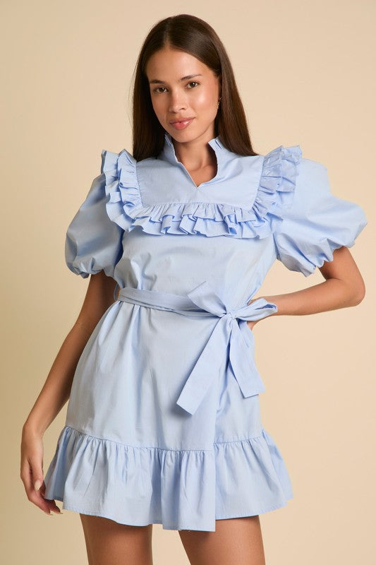 Balloon Sleeve Ruffle Trim Mini Dress Light Blue