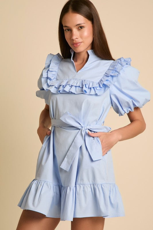 Balloon Sleeve Ruffle Trim Mini Dress Light Blue