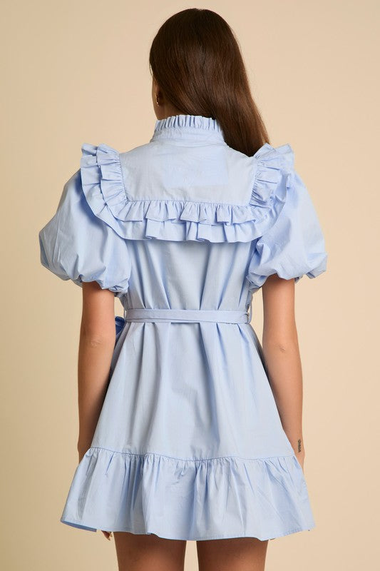 Balloon Sleeve Ruffle Trim Mini Dress Light Blue