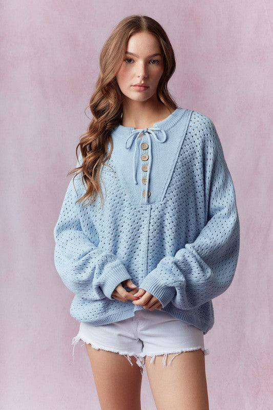 Henley Neck Dolman Sleeve Sweater Light Blue