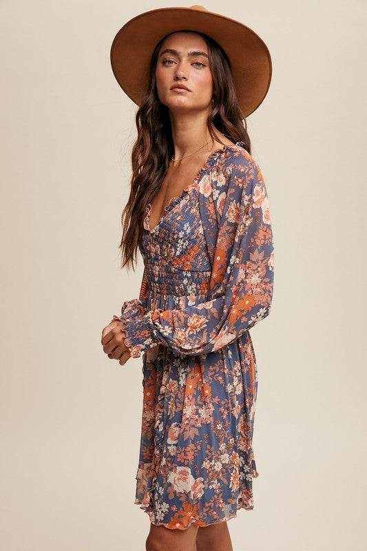 Floral Smocked Long Sleeve Dress Denim