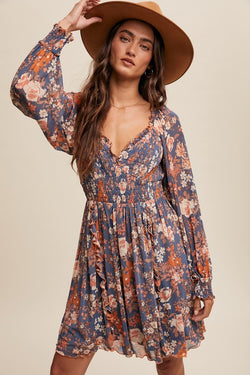 Floral Smocked Long Sleeve Dress Denim