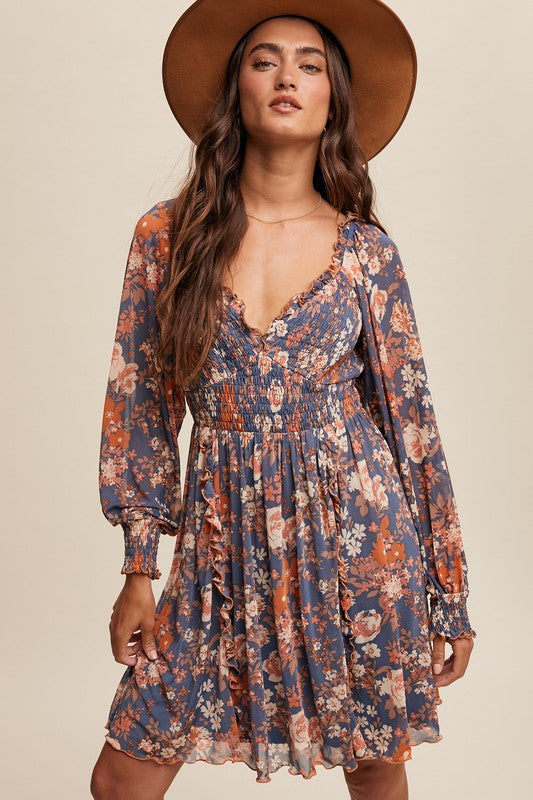 Floral Smocked Long Sleeve Dress Denim