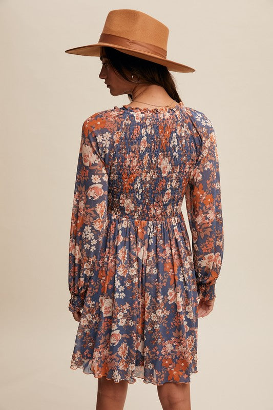 Floral Smocked Long Sleeve Dress Denim