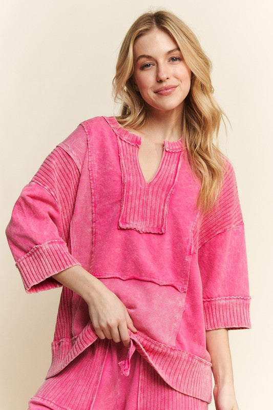 Mineral Washed Split Neckline Top Hot Pink