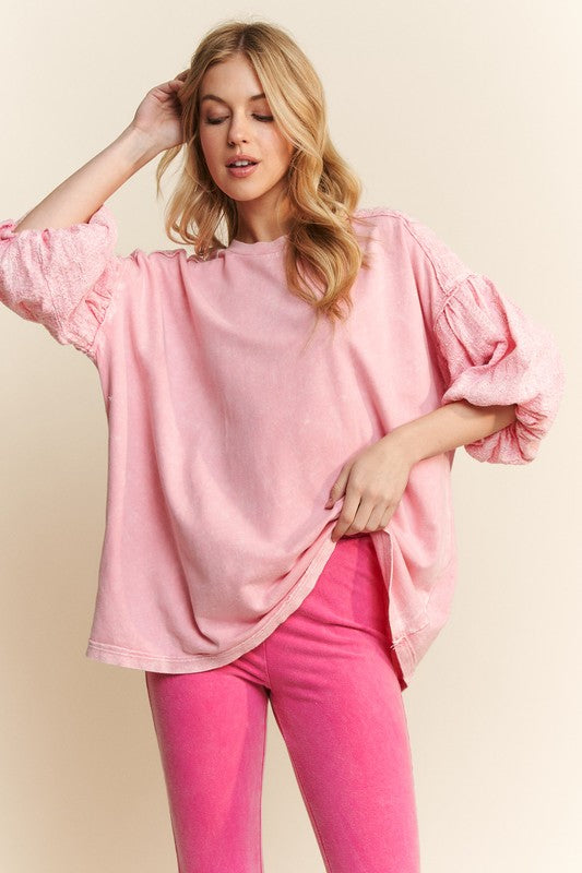 Mineral Washed Eyelet Puff sleeved Blouse Pink