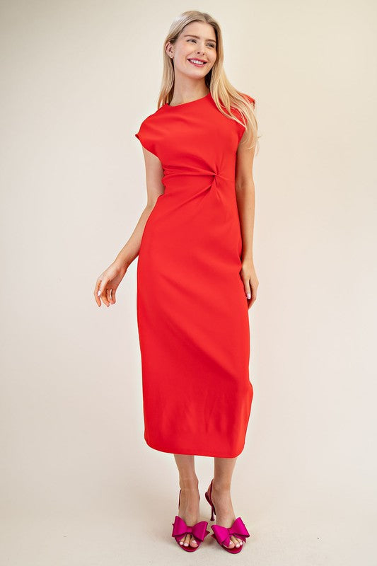 Round-Neck Midi Dress Red