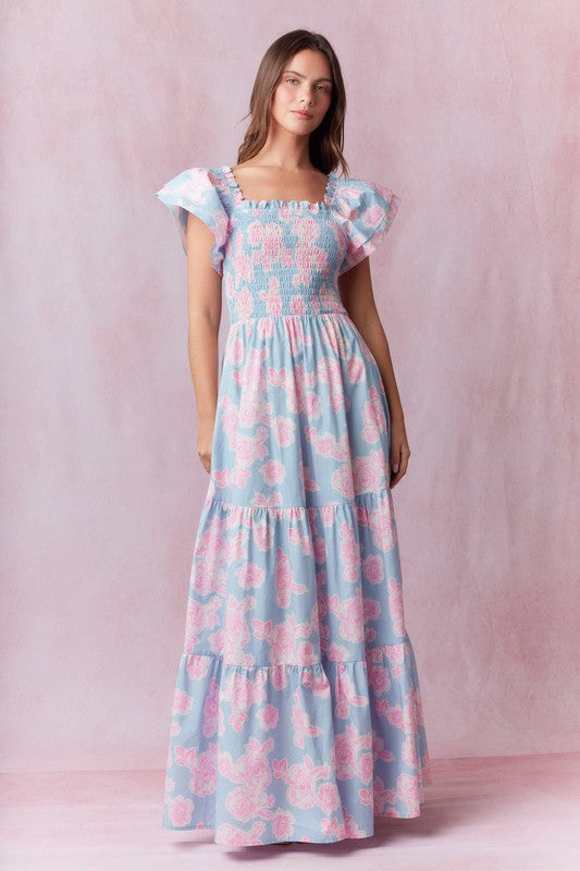 Poplin Print Floral Print Maxi Dress Baby Blue/Pink