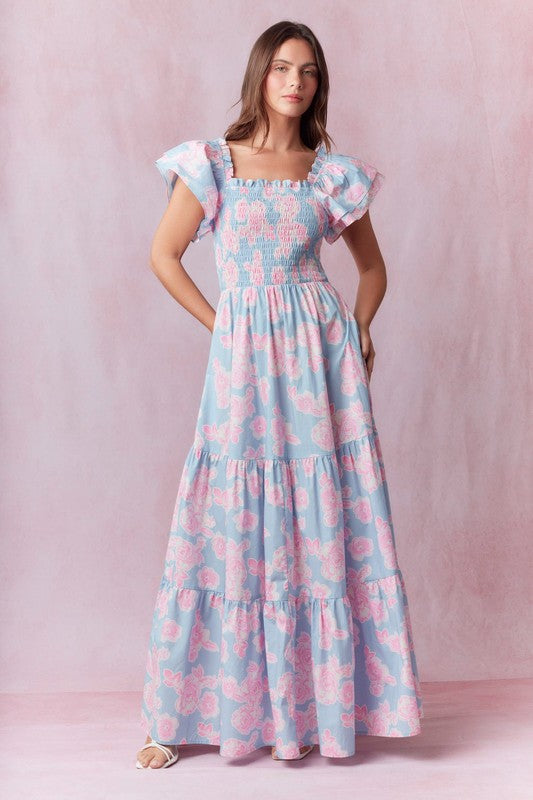 Poplin Print Floral Print Maxi Dress Baby Blue/Pink