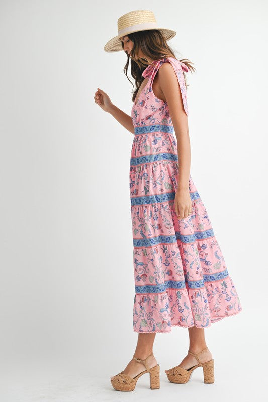 Floral Print Tiered Midi Dress Pink