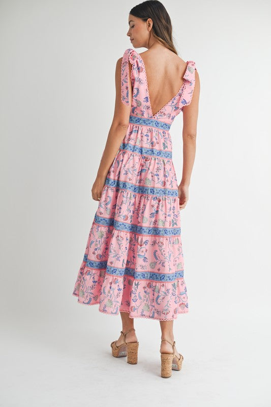 Floral Print Tiered Midi Dress Pink