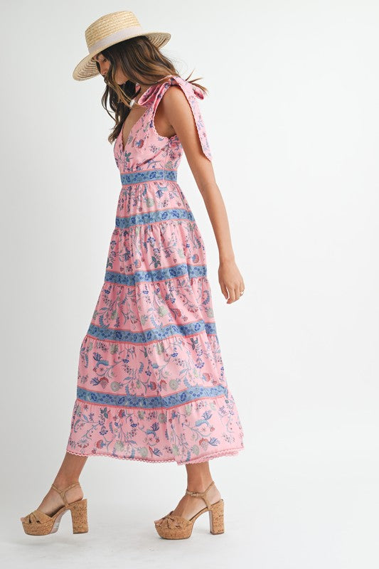 Floral Print Tiered Midi Dress Pink