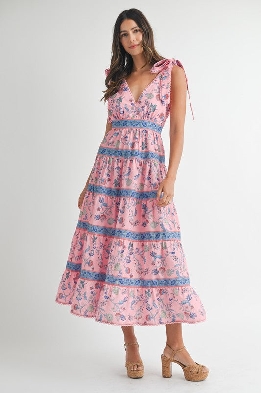 Floral Print Tiered Midi Dress Pink