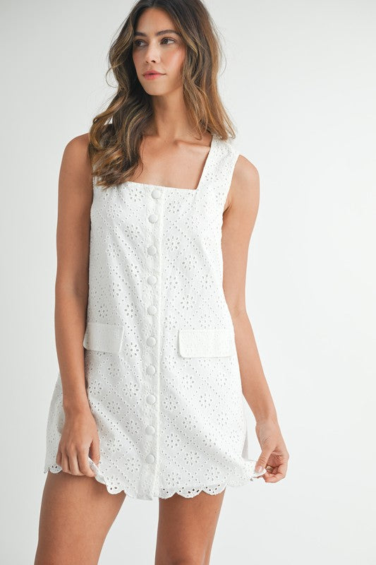 Eyelet Lace Square Neck Mini Dress Off White