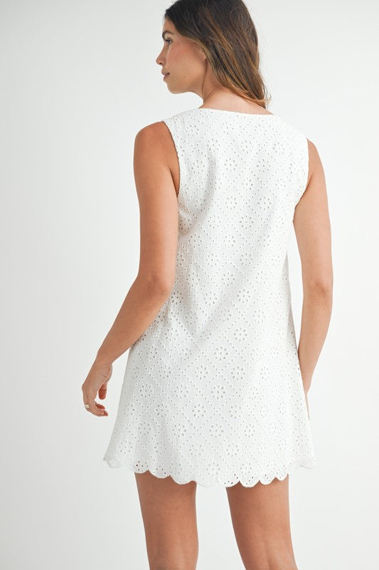 Eyelet Lace Square Neck Mini Dress Off White