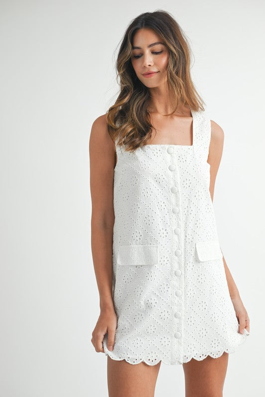 Eyelet Lace Square Neck Mini Dress Off White
