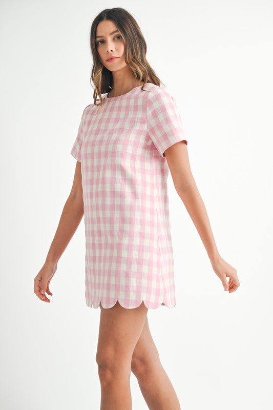 Scallop Hem Plaid A Line Mini Dress Pink