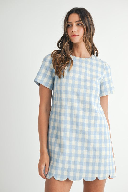 Scallop Hem Plaid A Line Mini Dress Blue