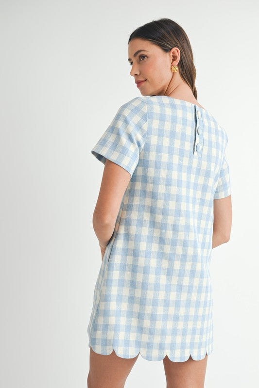 Scallop Hem Plaid A Line Mini Dress Blue