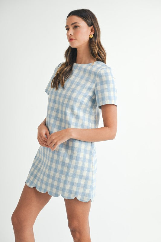 Scallop Hem Plaid A Line Mini Dress Blue