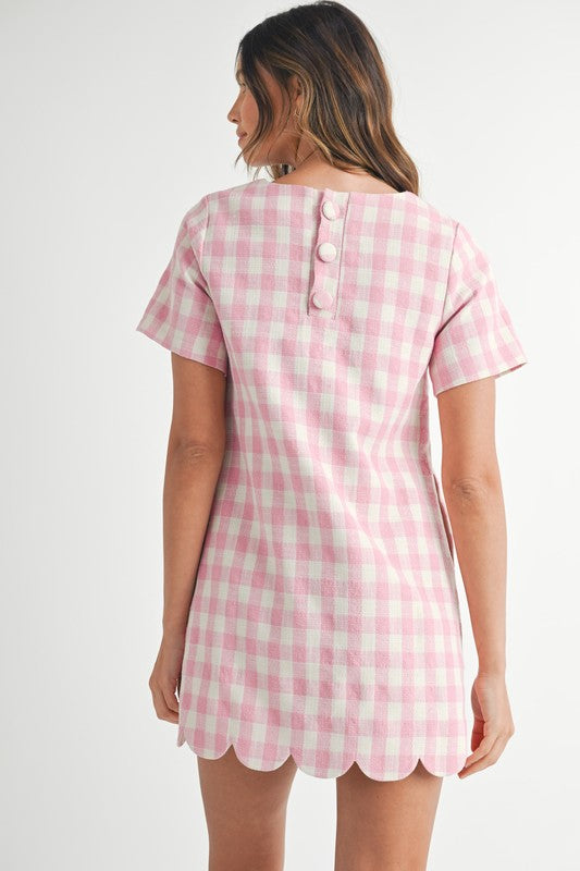 Scallop Hem Plaid A Line Mini Dress Pink