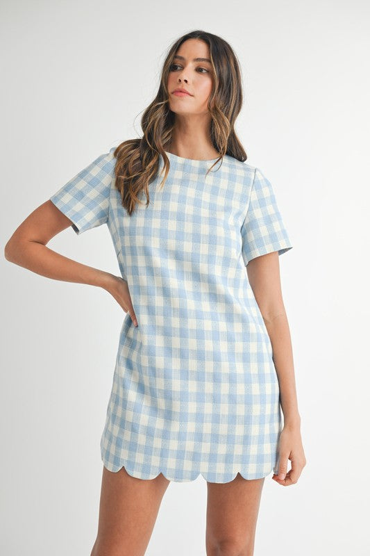 Scallop Hem Plaid A Line Mini Dress Blue