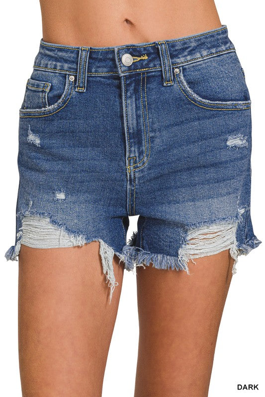 Distressed Hem Wash Denim Shorts Dark