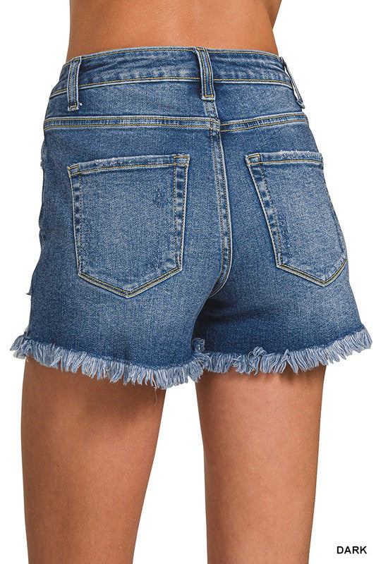 Distressed Hem Wash Denim Shorts Dark
